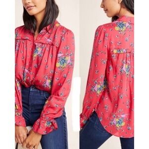 Maeve Anthropologie Fredericka Bird Floral Ruffle Blouse Shirt 14 Cottagecore